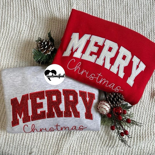 Merry Christmas Glitter Appliqué Embroidered Crewneck / Hoodie