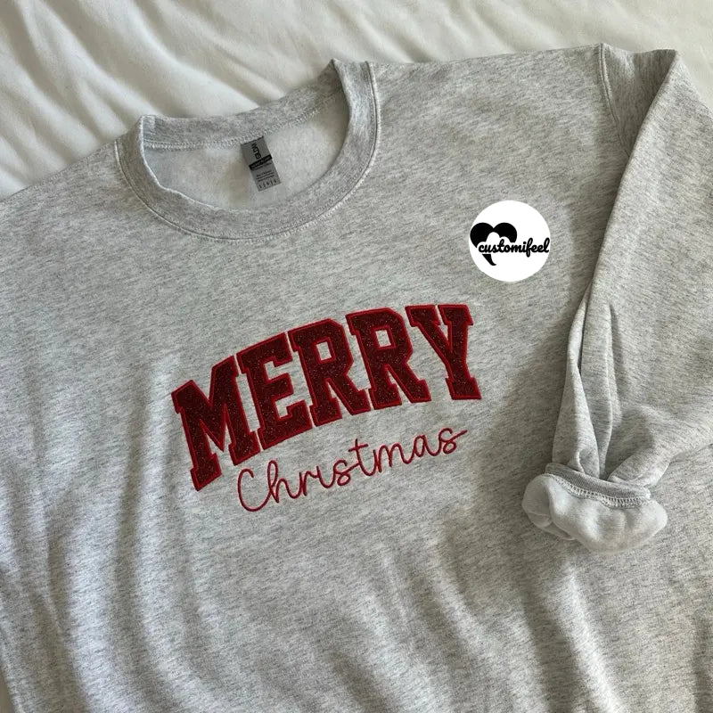 Merry Christmas Glitter Appliqué Embroidered Crewneck / Hoodie