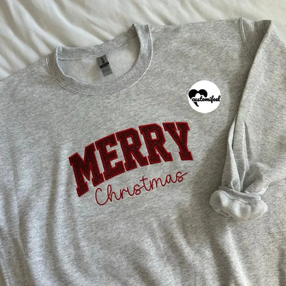 Merry Christmas Glitter Appliqué Embroidered Crewneck / Hoodie