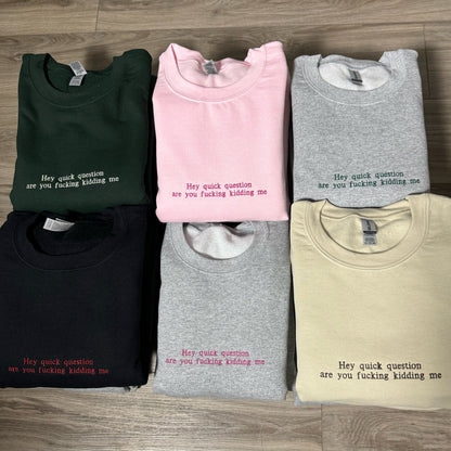 HEY QUICK QUESTION EMBROIDERED SWEATSHIRT
