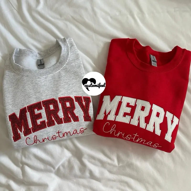 Merry Christmas Glitter Appliqué Embroidered Crewneck / Hoodie