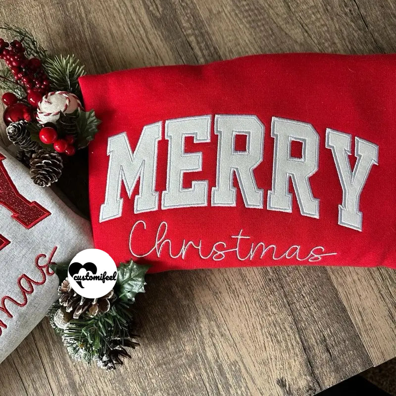 Merry Christmas Glitter Appliqué Embroidered Crewneck / Hoodie