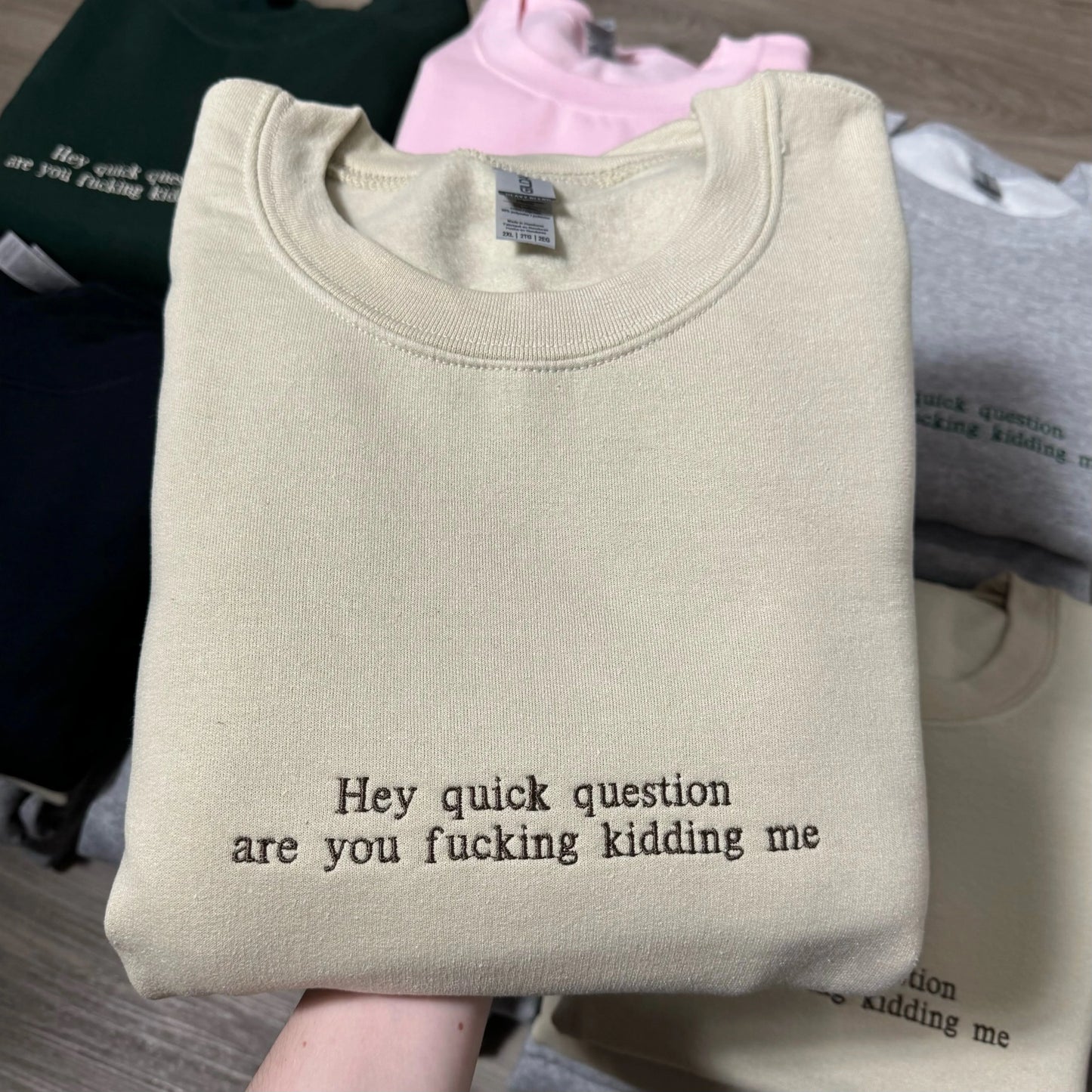 HEY QUICK QUESTION EMBROIDERED SWEATSHIRT