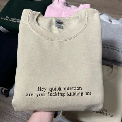 HEY QUICK QUESTION EMBROIDERED SWEATSHIRT