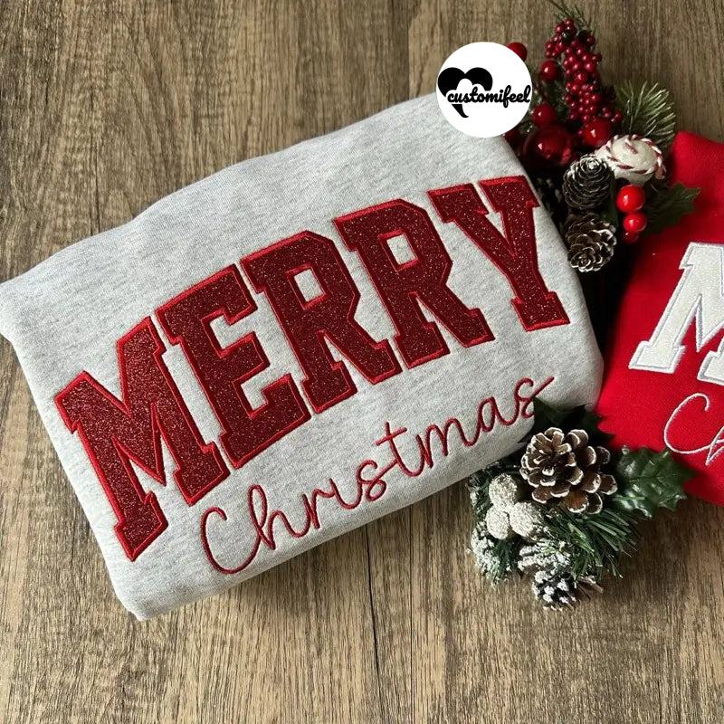 Merry Christmas Glitter Appliqué Embroidered Crewneck / Hoodie