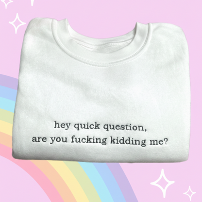 HEY QUICK QUESTION EMBROIDERED CREW NECK / HOODIE