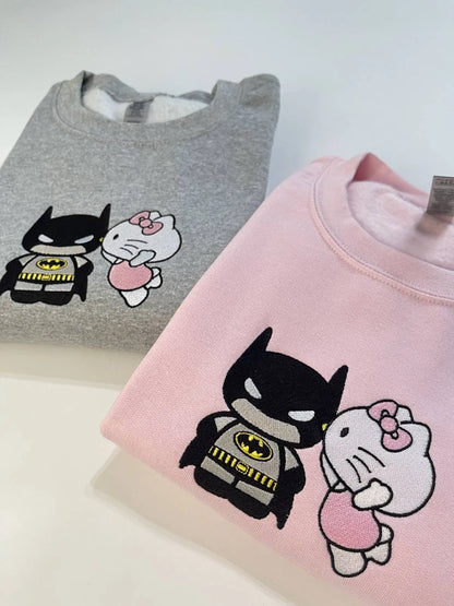 Kitty Kissing Bat Man Embroidered Sweatshirt customifeel